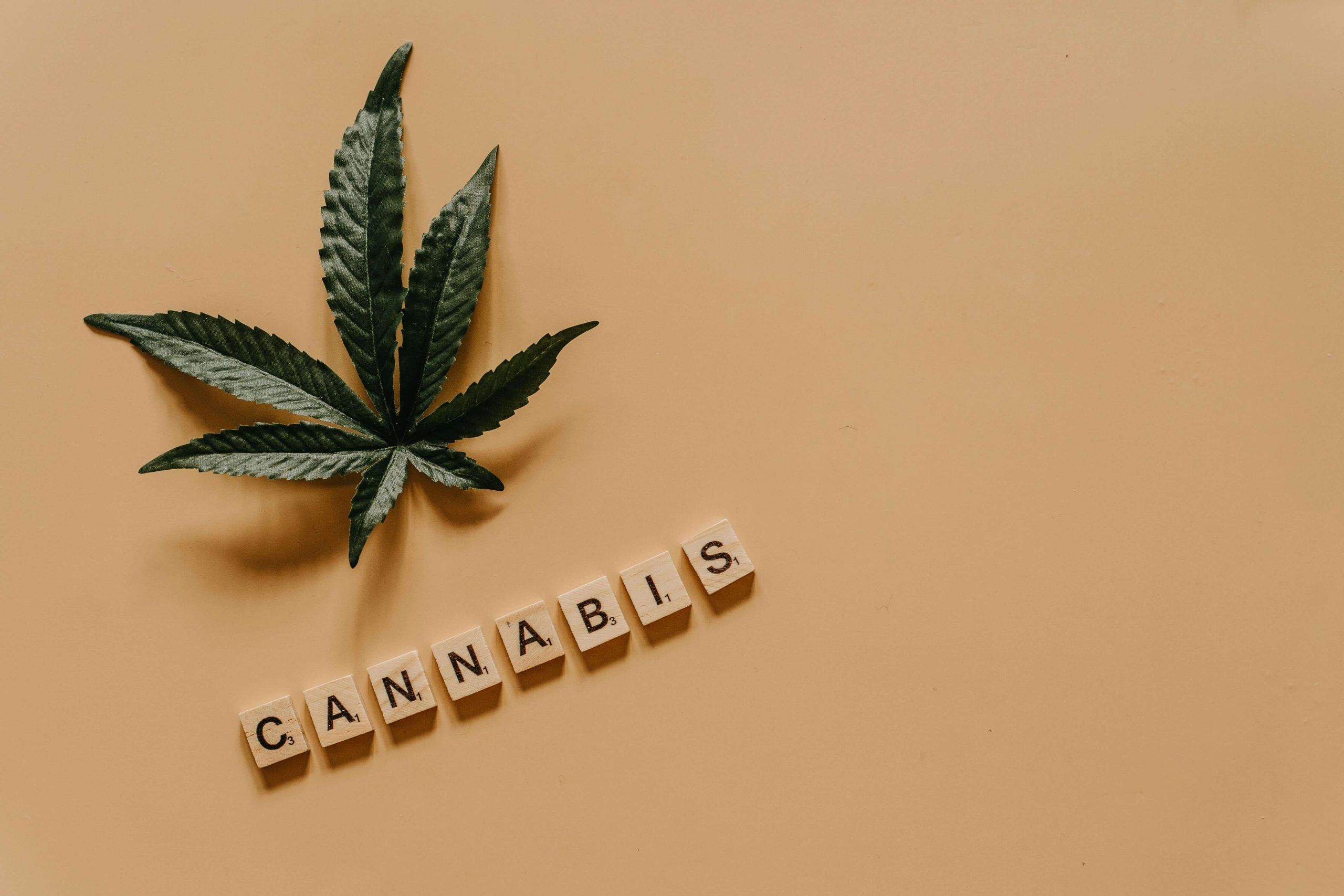 Cannabis leaf on table with letters spelling cannabis, symbolizing marijuana use and its impact on mental health in psychiatry in Tempe AZ.